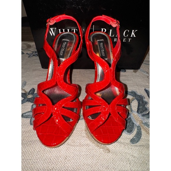 White House Black Market Red Heels Sandals Strappy Cork Platform Size 7 - Picture 7 of 9